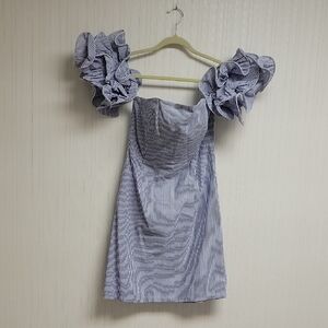 Stellah Blue & White Striped Ruffle Sleeve Off Shoulder Dress Sz Small.